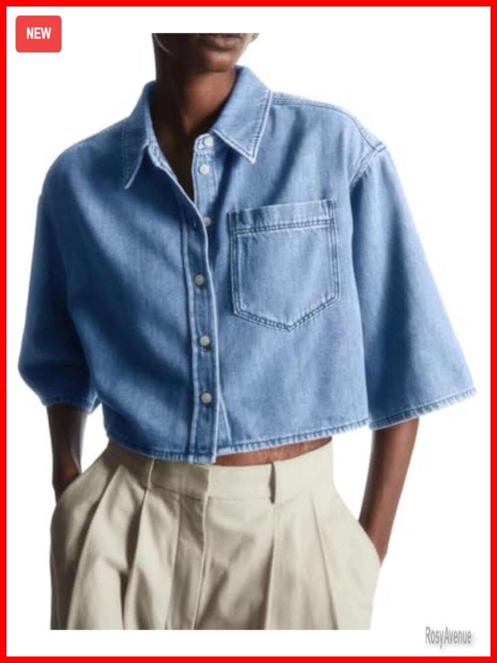Women's Cropped Denim Button Down Shirt Half Sleeve Jean Jacket